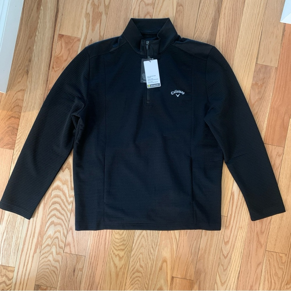 New Men’s Callaway Opti Dri Caviar Black 1/4 Zip Ribbed Mock Pullover Sz L UPF50 - Picture 3 of 10